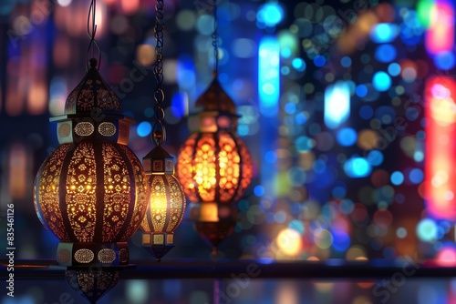 Modern Eid ul Fitr ambiance featuring contemporary Islamic lanterns against a backdrop of vibrant city lights.