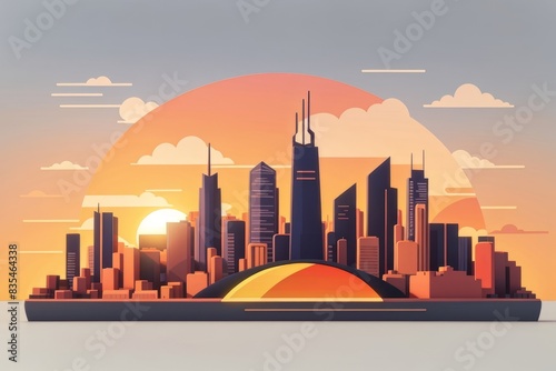 Sunset in the city, vector style illustration, black silhouettes of the buildings against orange-red sky