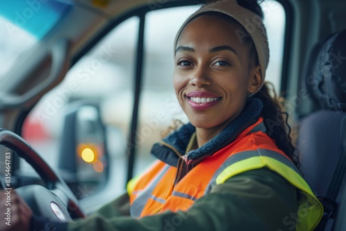 A professional driver in a high-visibility jacket attentively operates a large vehicle, focusing on the road