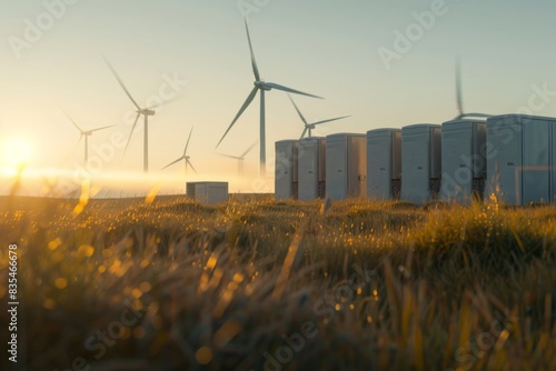 Renewable energy landscape at sunrise with wind turbines and energy storage containers