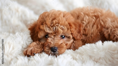 毛布の上に横たわる茶色のプードルの子犬