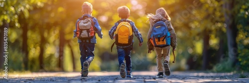 Three Children Running Home From School On Sunny Day