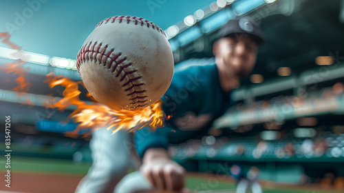 close-up on a fastball baseball throw with a professional baseball player on the background