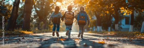 Three Children Running Home From School On Sunny Day