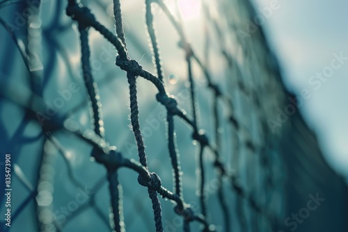 A close-up view of a chain link fence with a textured and rusty appearance