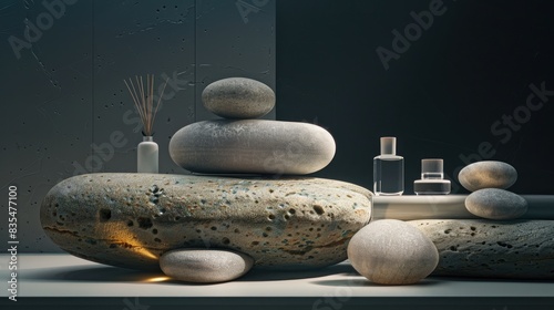 Stones on podium for showcasing cosmetology perfumery medicine skincare and jewelry on a dark background