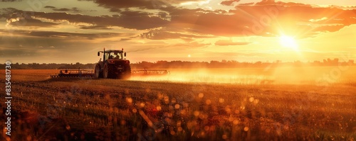 A modern tractor is actively spraying crops on a farm during a dramatic sunset, indicating agricultural activity.