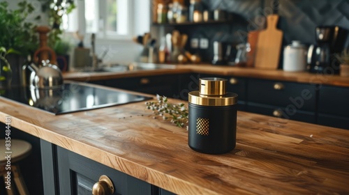 A wooden kitchen countertop with a black and gold seasoning container