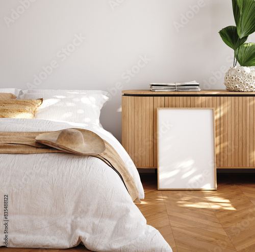 Home mockup, simple cozy Coastal bedroom interior background, 3d render
