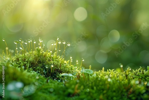 enchanting moss and grass macro photography with glistening dew drops photorealistic nature illustration