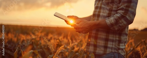 Farmer using a digital tablet to check the health of crop field during golden hour sunlight.