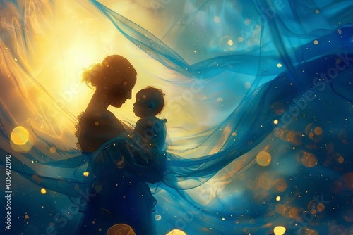 ethereal mother and child silhouettes dreamy blue silk background with golden particles digital painting