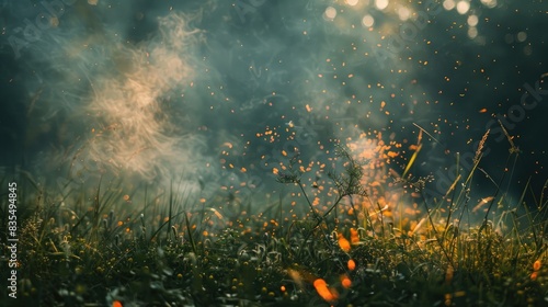 Burning grass in a field with wild weeds and green natural backdrop
