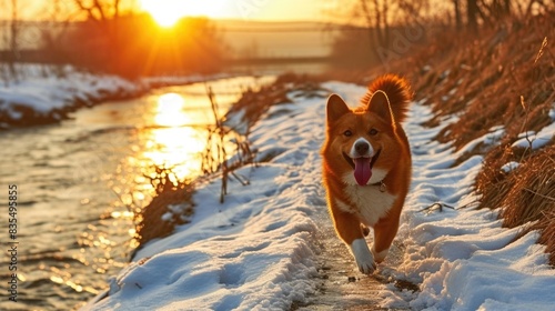 A dog walking on a snowy path, great for winter or cold weather themed images