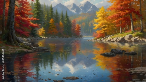 a serene lakeside forest in autumn