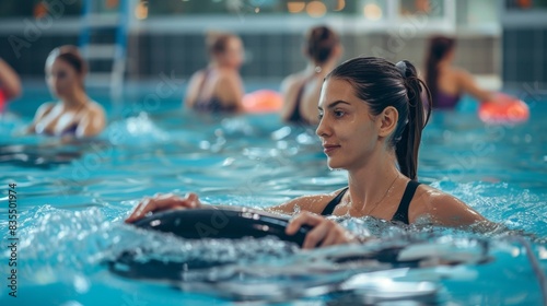 Portrait of people having group aqua training class in gym