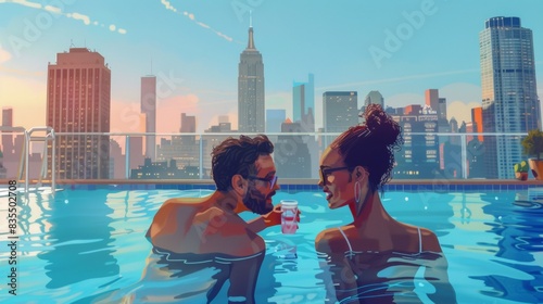 A lovely couple in swimming pool with urban city skyscrapers