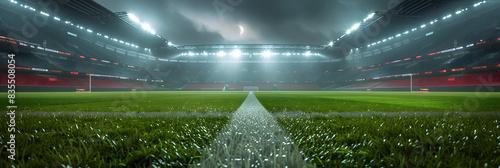 Vibrant and visually striking generative photo featuring the lush green lawn of a soccer stadium