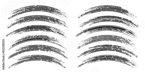 Grunge tire tracks, wheel braking marks. Truck, car or motorcycle tread pattern silhouettes. Auto race, motorsport, speed racing design element. Vector illustration