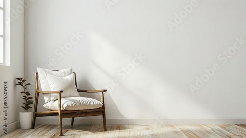The interior has a armchair on empty white wall background. Generative Ai