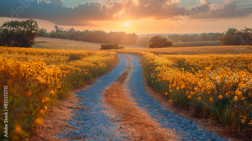 Dirt road through golden flowers field at sunset with cloudy sky