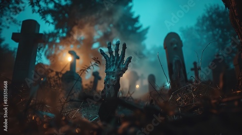 A zombie's hand emerges from the misty cemetery, reaching out from its grave
