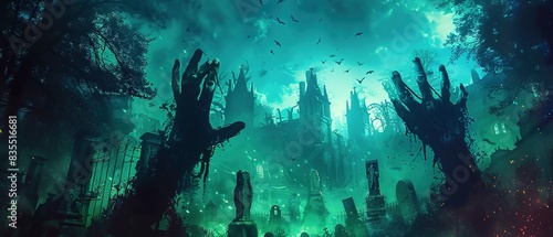 A zombie's hand emerges from the misty cemetery, reaching out from its grave