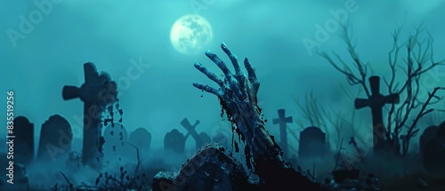 A zombie's hand emerges from the misty cemetery, reaching out from its grave