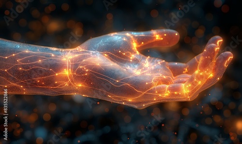 A human hand glowing from within on a dark background.