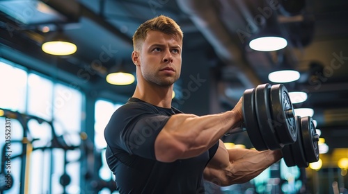 Young Muscular Man Doing Dumbbell Lateral Raise Exercise At Gym, Motivated Male Athlete Training Muscles At Modern Fitness Club, Lifting Light Weights, Enjoying Bodybuilding Workout, Free Space