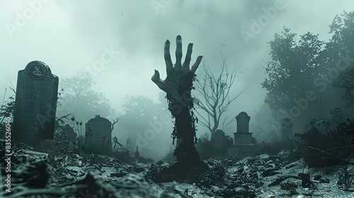 hand rising from grave, foggy evil scary setting, halloween concept
