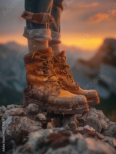 Detailed Realistic Sunset Close-Up: Hiking Boots on Rocky Path with Dreamy Ibiza Sunset Light