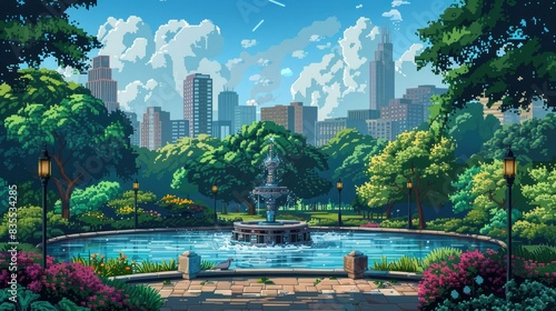 pixel art landscape featuring a fountain surrounded by lush green trees and a blue sky, with a tall building in the background