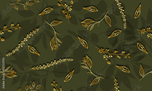 Luxury gold and nature green background . Floral leaves pattern. vintage and modern.