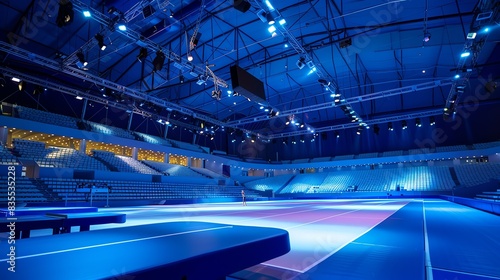 Large empty modern sports hall with blue lighting.