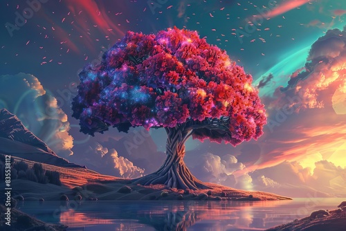 magical tree with brainshaped foliage in surreal fantasy landscape vibrant colors symbol of intelligence and knowledge culture conceptual illustration