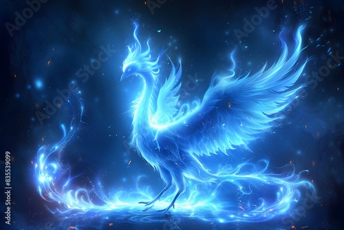 Un ave fenix hecha de fuego y llamas color azul brillante con las alas extendidas en un fondo obscuro. Concepto de renacimiento y resiliencia 