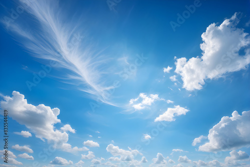 Cirrus and cumulus clouds. A dance of clouds in the blue sky