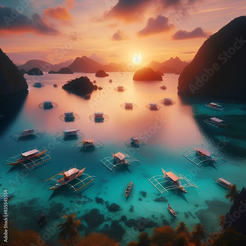 Boats anchored in a calm bay at sunset near scenic islands. Philippines, Palawan.