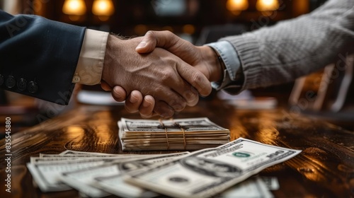 Two professionals exchange a handshake over a stack of cash, symbolizing a successful deal