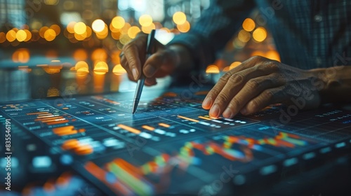 Closeup of hands fine-tuning audio levels on a digital mixing console with bokeh lights background