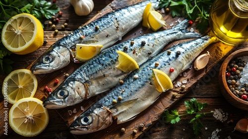 Raw sardines with herbs, spices, and citrus on a wooden board to illustrate food preparation