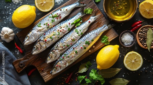 Fresh sardines accompanied by lemon, spices, and herbs depicting the marinade process