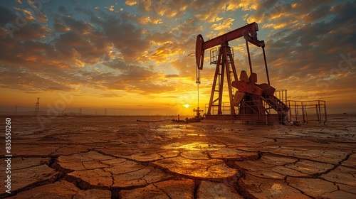 Striking image of an oil pumpjack against the setting sun in a dry and cracked earth setting
