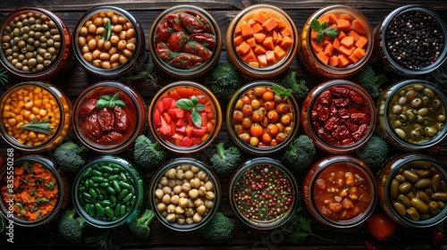 A variety of canned vegetables like tomatoes, carrots, and beans displayed on a rustic wooden table