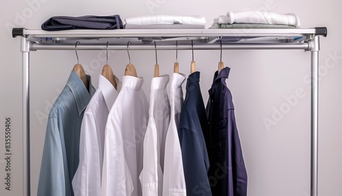 Freshly dry-cleaned clothes on hangers, organized on a rack in an indoor setting