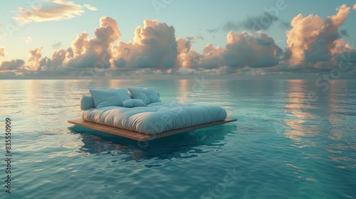 A serene and dreamy scene of a plush bed floating on still ocean waters under a sky streaked with fluffy clouds