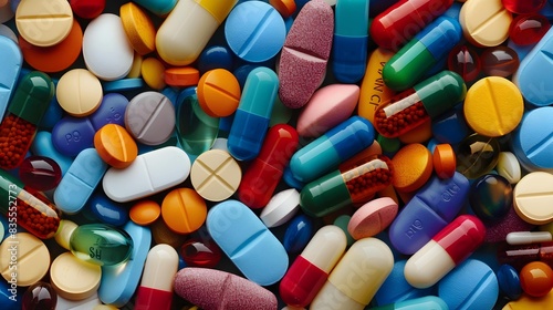 A variety of colorful pills and capsules displayed neatly, representing medicine and healthcare. 