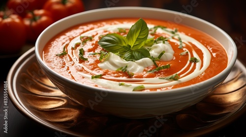 A steaming bowl of creamy tomato soup garnished with fresh basil leaves and 