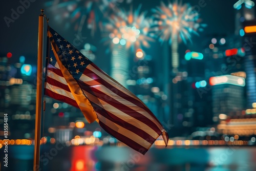 A close-up of the American flag with a vivid and colorful fireworks display in the background and city.